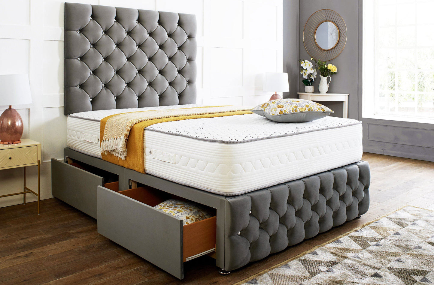 Regency Divan Bed Set With Tall Button Headboard Plus Footboard