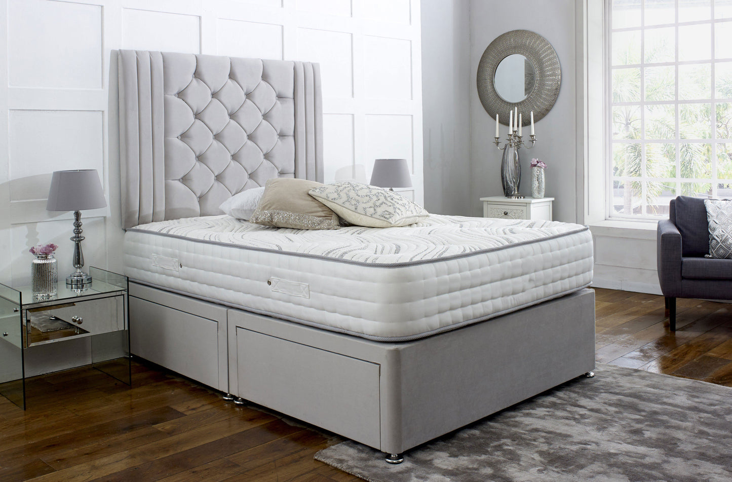 Regal Divan Bed Set with Tall Button Headboard