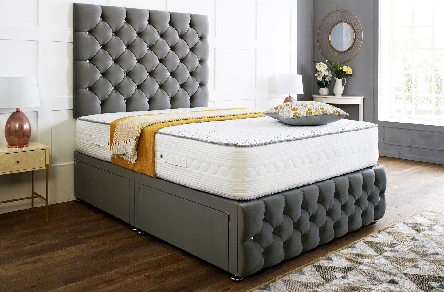 Regency Divan Bed Set With Tall Button Headboard Plus Footboard