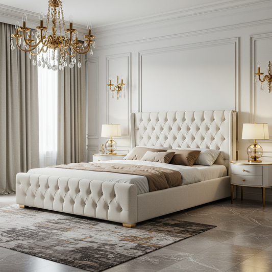Luxury Cream Upholstered Bed Frame with Tufted Headboard & Footboard