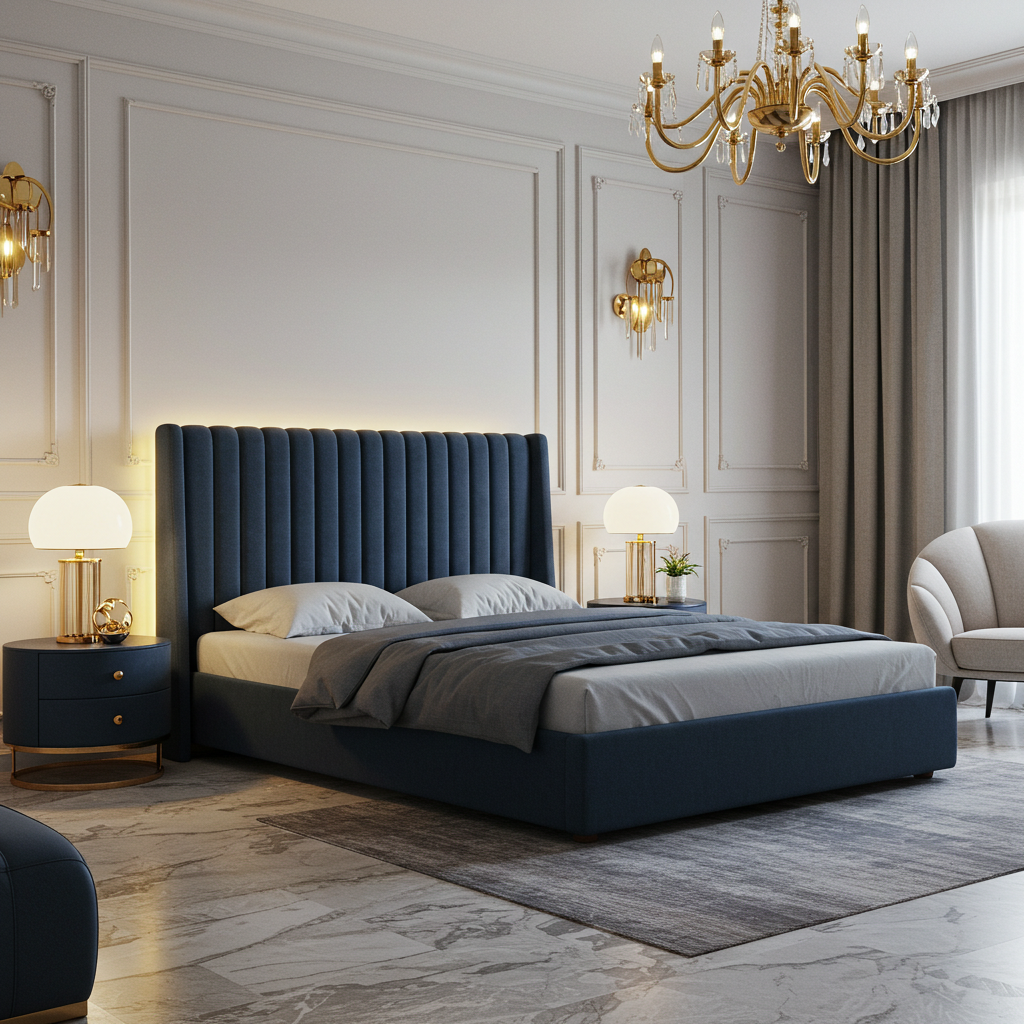 Modern Navy Blue Upholstered Bed Frame with Vertical Panel Headboard