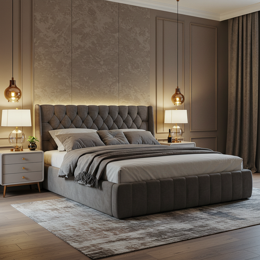 Luxury Grey Upholstered Bed with Wingback Headboard