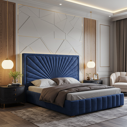 Royal Blue Velvet Upholstered Bed with Sunburst Headboard