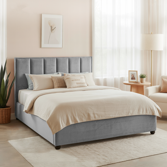 Grey Vertical Panel Upholstered Bed Frame Soft Velvet Finish